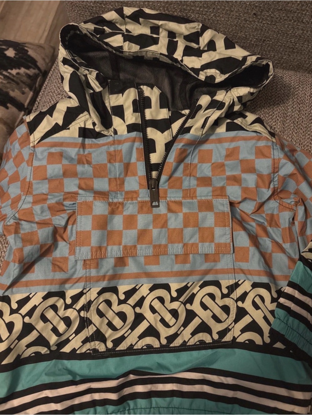 Burberry Checker and Monogram Hooded Pullover in Blue, Brown, Black & Cream